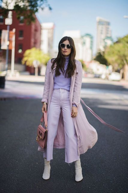 With lilac crop pants, midi coat, white mid calf boots and pale pink bag