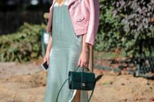 With mint green midi dress, emerald bag and pale pink leather jacket