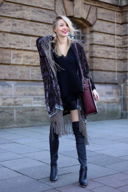 With navy blue shirt, skirt, black over the knee boots and marsala bag