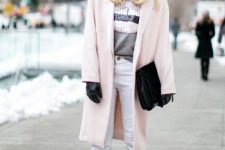 With printed shirt, white pants, black clutch, black gloves and pale pink coat