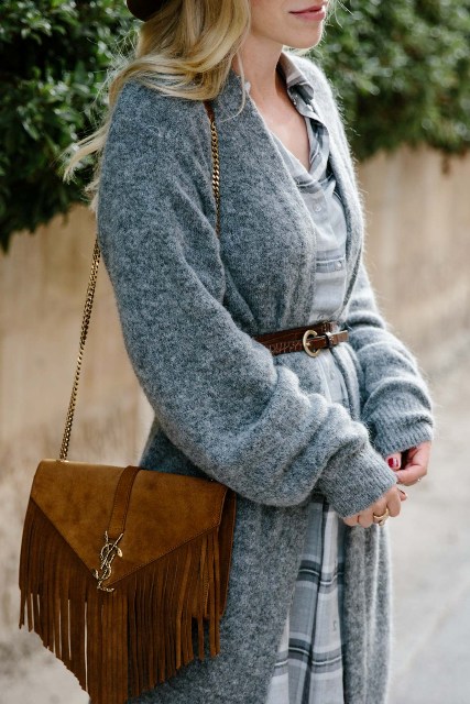 With shirtdress and brown suede fringe chain strap bag