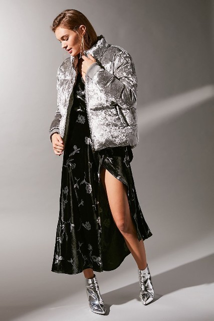 With silver puffer jacket and printed maxi dress