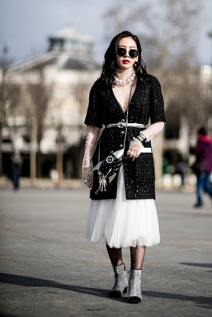 With white lace midi dress, chain strap bag and silver and black boots