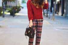 a burgundy sweater, plaid cropped pants, black platform shoes and a black bag for a cozy feel