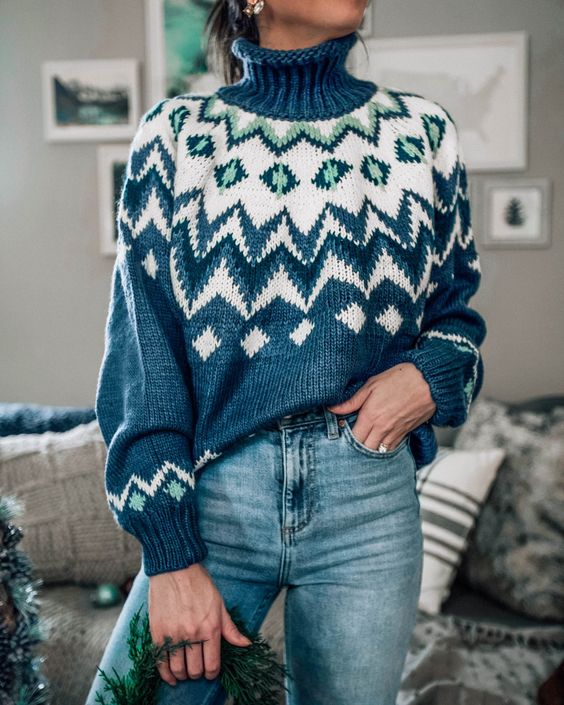 a cozy and chic look with a blue printed turtleneck sweater, blue jeans are a cozy and stylish look this winter