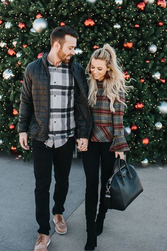a plaid shirt, black jeans, tan shoes and a black puffer jacket for a simple and casual look