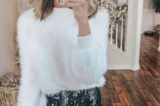 a white fuzzy sweater, a black sequin mini, statement earrings for a shiny and glam holiday party look