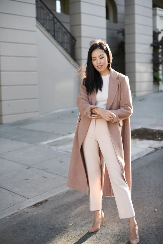 a white tee, blush pants, pink shoes, a dusty rose coat for cold spring days