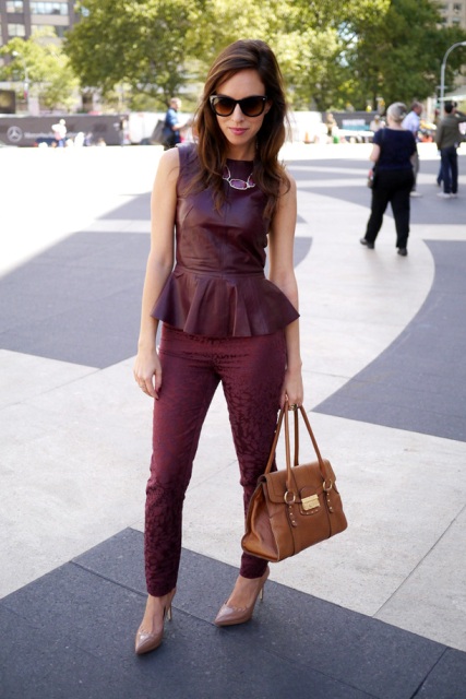 With marsala printed trousers, brown bag and beige high heels