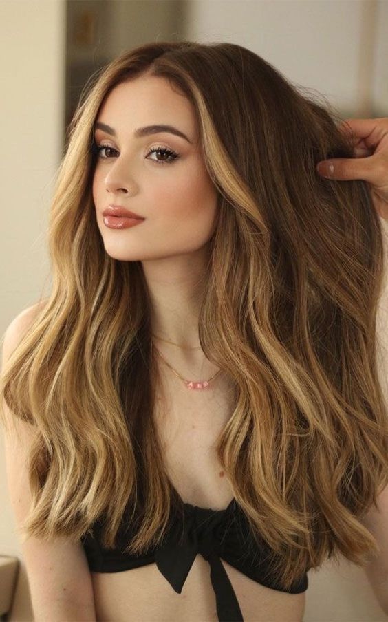 Long brunette hair with blonde face framing highlights and balayage, volume and waves, is adorable