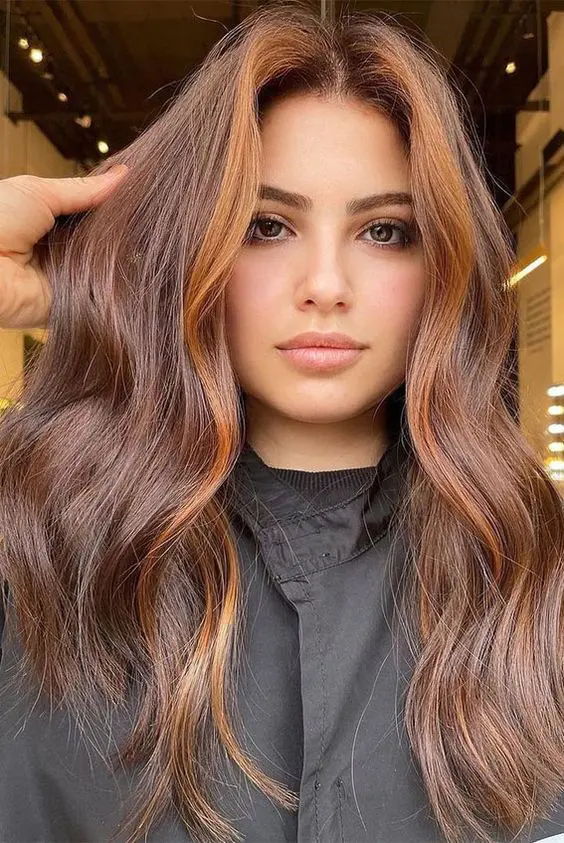 Long dark brunette hair with copper face framing highlights and a lot of volume is amazing