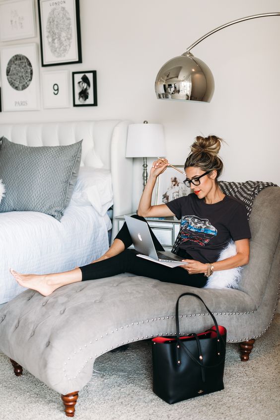 a black printed tee, black leggings are all you need for comfortable working from home