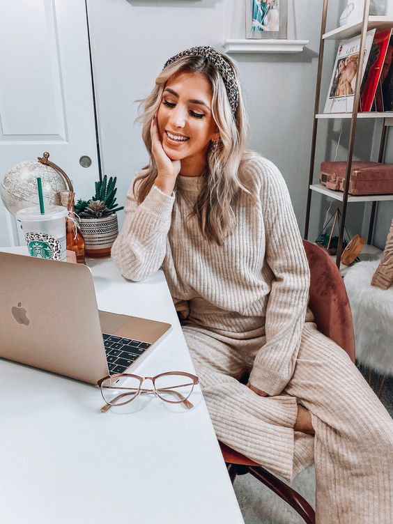 a comfy crochet set with sweatpants and a long sleeve top is a nice idea for both working and having video calls