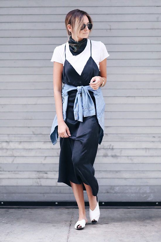 16 a white t-shirt, a navy slip midi dress, white mules and a blue denim jacket for spring