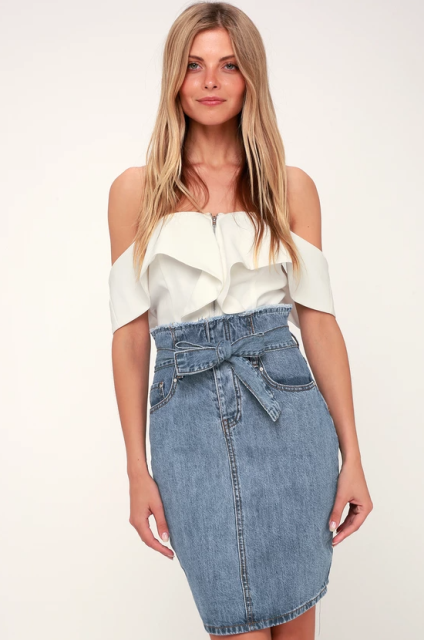 With white ruffled off the shoulder top