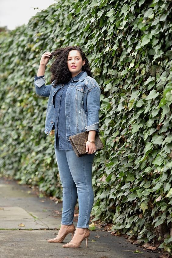 a full denim look with a chambray shirt, a denim jacket, skinnies, nude shoes and a printed clutch