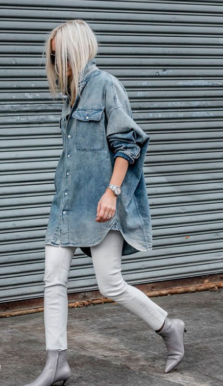 a trendy look with an oversized blue denim shirt, white skinnies, grey kitten heel booties and a chic watch