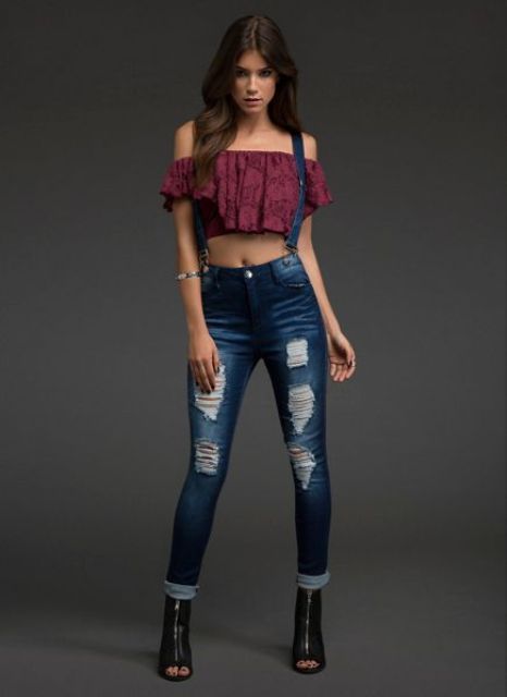 With off the shoulder crop top and black cutout ankle boots