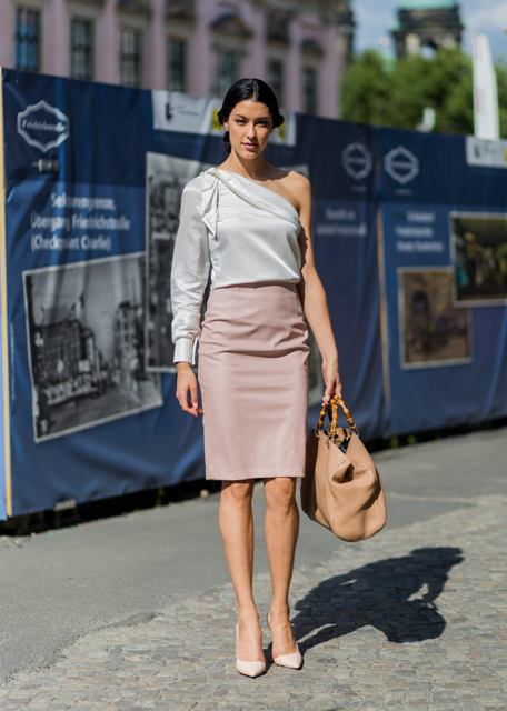 With pale pink pencil skirt, beige bag and pumps