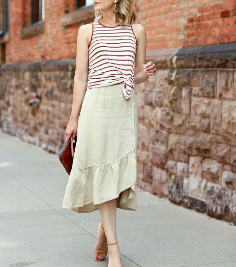 With white and red striped shirt, marsala clutch and beige ankle strap high heels