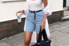 With white top, white shirt, tote bag and yellow fringe sandals