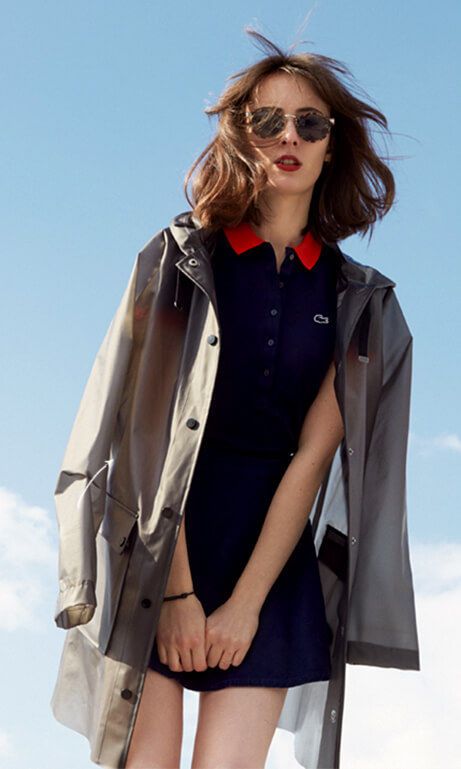 a navy and red polo mini dress, a red lip and a faux leather coat for a rainy summer day