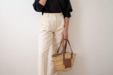 12 a black linen shirt, white high waisted trousers, black flipflops and a straw bag for a chic summer look