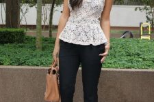 With black trousers, beige tote bag and beige platform shoes