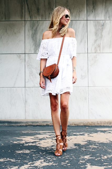 With brown leather crossbody bag and brown lace up sandals