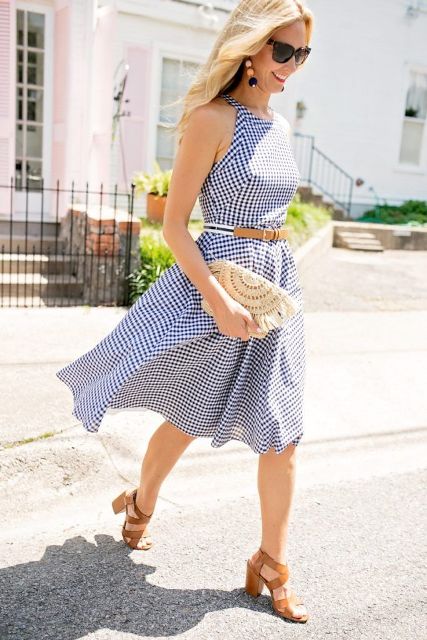 With checked sleeveless belted knee-length dress and brown leather sandals