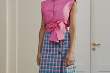 With colorful checked wrap midi skirt