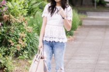 With cuffed jeans, beige bag and beige ankle strap shoes