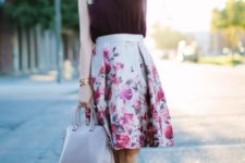 With floral knee-length skirt, gray bag and marsala suede shoes