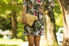 With floral printed wrap mini dress and platform sandals