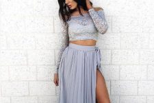 With light blue pleated belted skirt