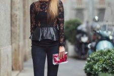 With navy blue skinny jeans, transparent clutch and black embellished shoes