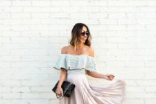 With pleated midi skirt, black leather bag and ankle strap high heels