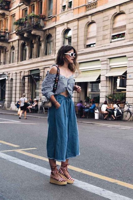 With striped off the shoulder top, bag and denim culottes