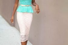 With white lace midi skirt and beige pumps