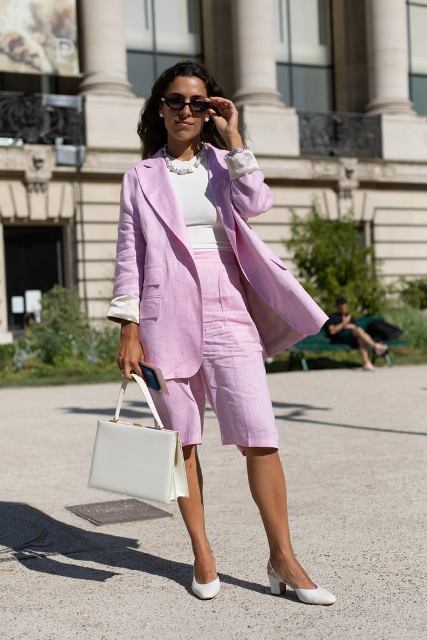 With white shirt, lilac long blazer, white bag and white low heeled shoes