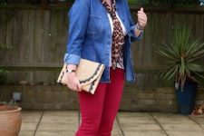 With white shirt, red trousers, denim jacket, leopard printed scarf and leopard printed low heeled boots