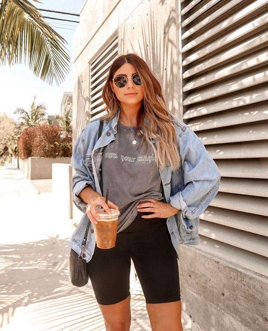 a grey printed tee, black biker shorts, a chambray shirt and a black bag for every day