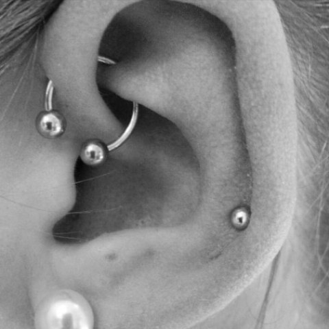a lobe, helix and forward helix orbital piercing with cool and matching earrings are a bold idea