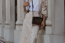 a summer work look with a white tee, a neutral linen blazer and a midi button up skirt, a black bag and slipper mules