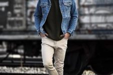 03 a basic dark green jumper, cremay jeans, a blue denim jacket, white sneakers for a comfy fall look