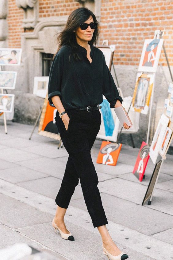an elegant fall look with a black shirt, black cropped jeans, two tone shoes, a belt, sunglasses and a watch