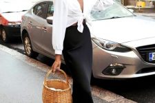 04 a black slip midi skirt, a white tied up shirt, black heeled mules, a basket bag for a romantic outfit