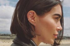 05 elegant ear styling with a double lobe, a conch and a double flat piercing, with rhinestone hoops and studs is a chic idea