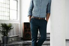 07 a basic blue shirt, navy trousers, a brown belt and brown shoes for astylish business casual look