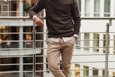 11 a stylish monochromatic work look with a white shirt, a brown jumper, tan trousers, white sneakers